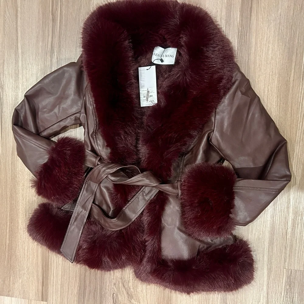 AZALEA WANG Kenzy Faux Leather And Faux Fur Coat Burgundy Size Medium - Picture 7 of 12